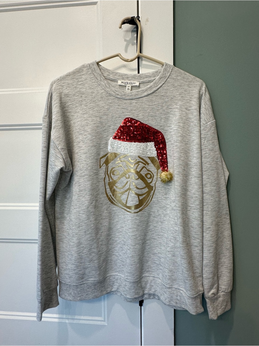 Gray Sweatshirt with Gold Pug and Red Sequin Santa Hat